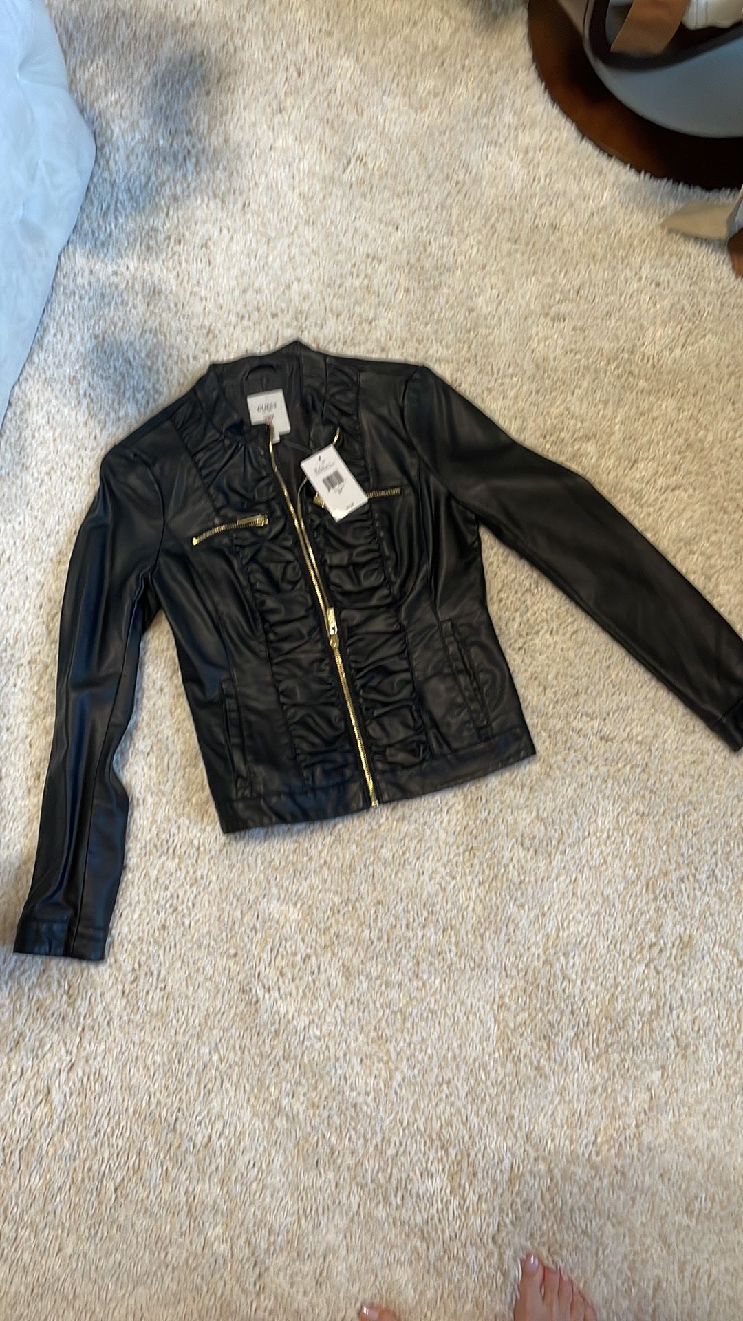 New Guess black gold accents zipper long sleeve Jacket faux leather small ruching