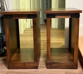 Pair of Wood End Tables with Black Metal Accents