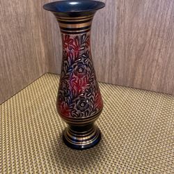 8  3/4 “  Etched Black,Red & Gold Metal Vase