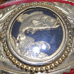 Vintage Bass Angler Gold Tone On Red Inlaid Belt Buckle