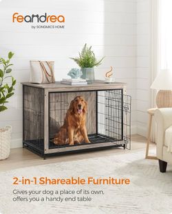 44.1" Dog Crate Furniture, Indoor Dog Cage Side End Table, XL Pet Wood Kennel for Large and Medium Dogs up to 80 lb with Multi-Purpose Removable Tray,