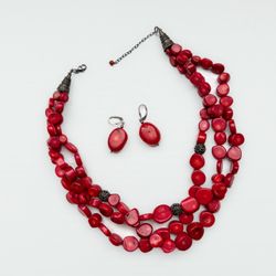 Genuine Coral Necklace And Earrings Set 