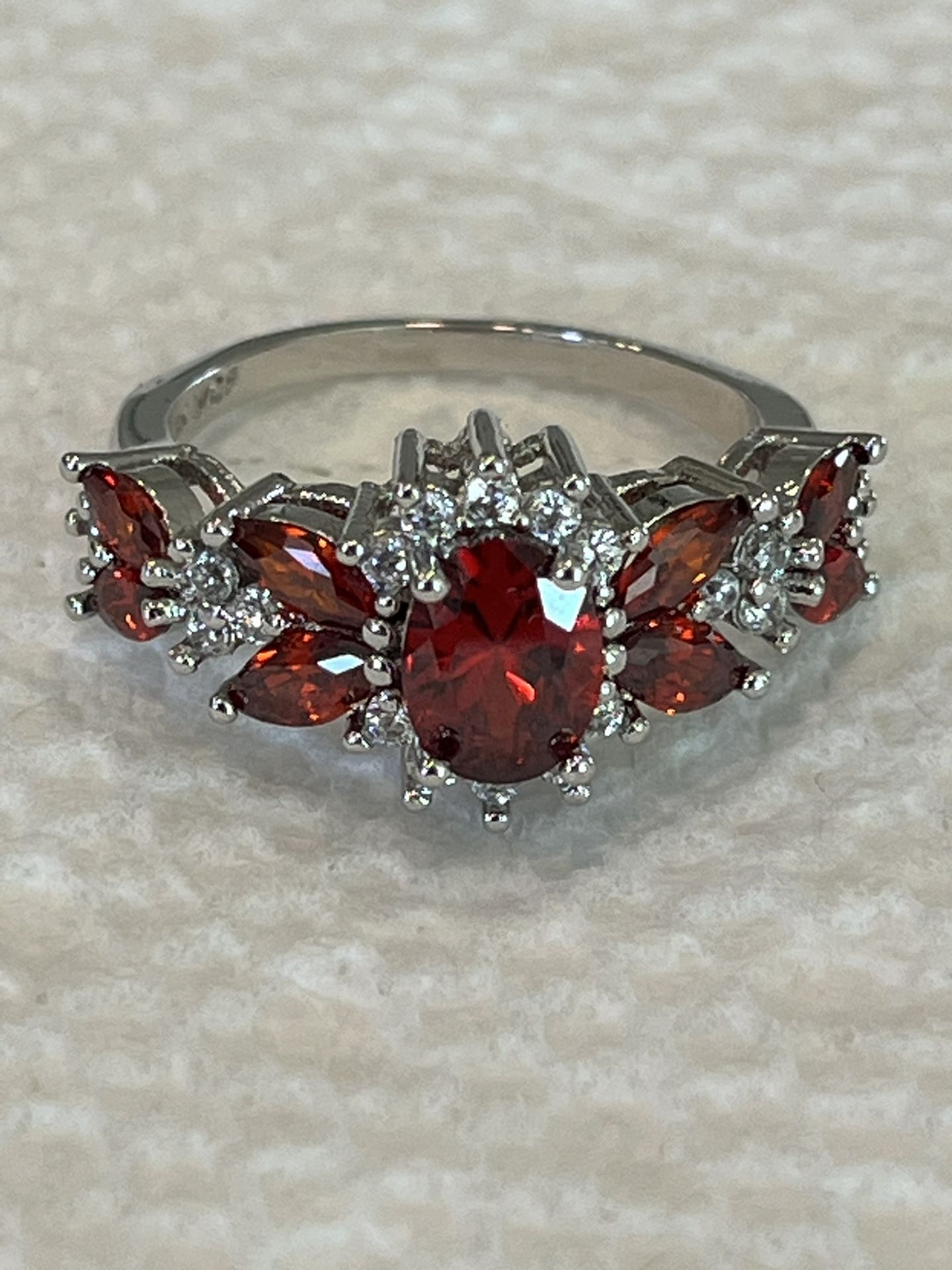 18K White Gold Filled Ruby Red W/ Rhinestone Ring NWOB