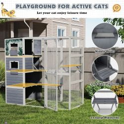 Cat Catio,  XL Gray wooden, 76″L 4-Tier Custom Outdoor Cat Enclosure, MISSING HARDWARE