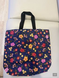 Navy Blue Floral Print Tote Bag Large Reusable Shopping Bag