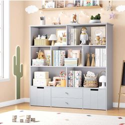 Toy Storage Organizer, Large Kids Bookshelf with 4 Drawers and 7 Cubbies, , Grey