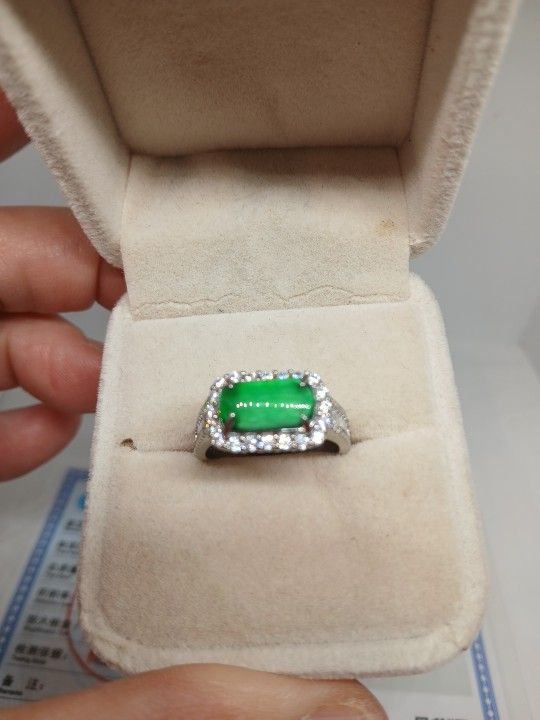 Certified Green Jade Sparkle CZ Imitation Diamond Cut Silver Pld Adjustable Size Ring Perfect Gift For Xmas