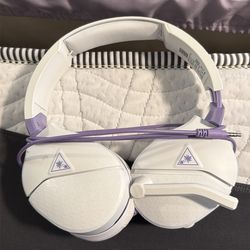 Turtle Beach gaming, headphones, purple, and white