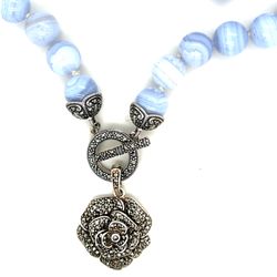 Sterling Silver Blue Lace Agate/Marcasites Toggle Necklace