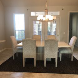 Italian Travertine Marble Dining Table, 6 Custom Chairs + Travertine Side Table 