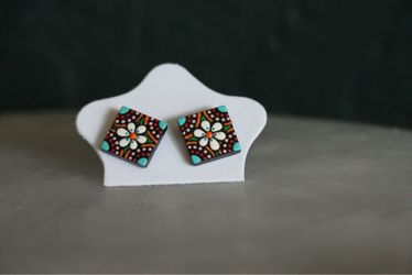 Handmade Spanish Tile Floral Mosaic Square Stud Earrings