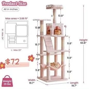 😀 MWPO 63.8-Inch Pink Cat Tree for Indoor Cats, Multi-Level Cat Tower with Sisal-Covered Scratching Posts, Padded Platform, Hammock, Dangling Toys