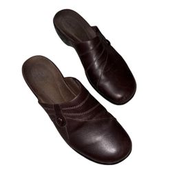 Clarks Dark Brown Leather Women’s Slip On Comfort Clogs Size 10 Style 35225 