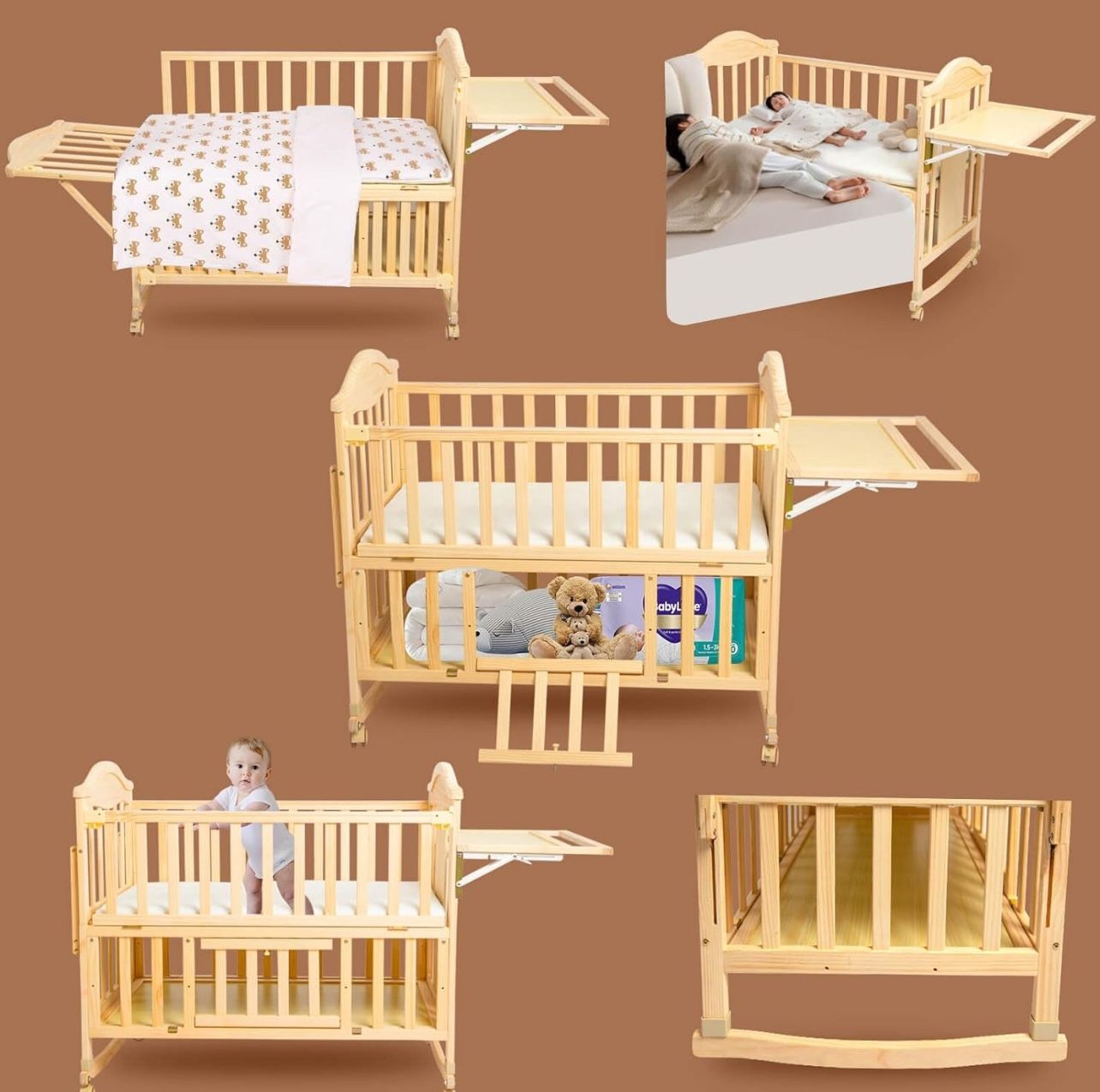Mini Baby Cribs 4-in-1 Convertible - Cunas para Bebes with Changing Shelf and Mattress Included,2025 Wood Baby Bassinets Bedside Crib Sleeper,Unpainte