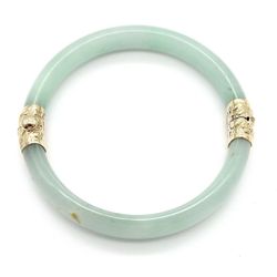 18K Yellow Gold Jade Hinged Bangle Bracelet Green Jadeite Vintage 35.5g