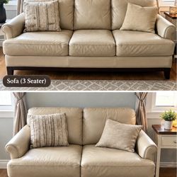 Beige Leather Sofa & Loveseat Set With Ottoman— $350