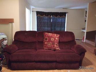Burgundy couch with double recliners