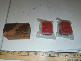 Small wooden jewelry box with jewelry charms pendants & lapel pins