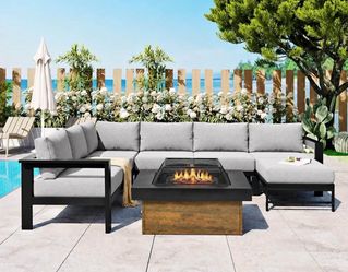 Some Damaged Newly Assembled Outdoor Aluminum Patio Sectional Sofa Set & Wood Burning 36” FirePit