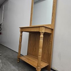 WOODEN HALL TREE WITH BEVELED MIRROR