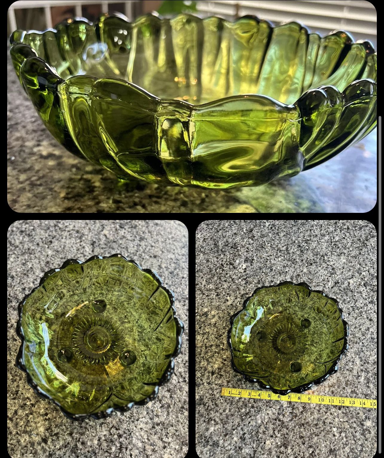 Stunning Vintage 3 Toed * Colony Petals Green * Glass Bowl Indiana Textured Leaf Avocado