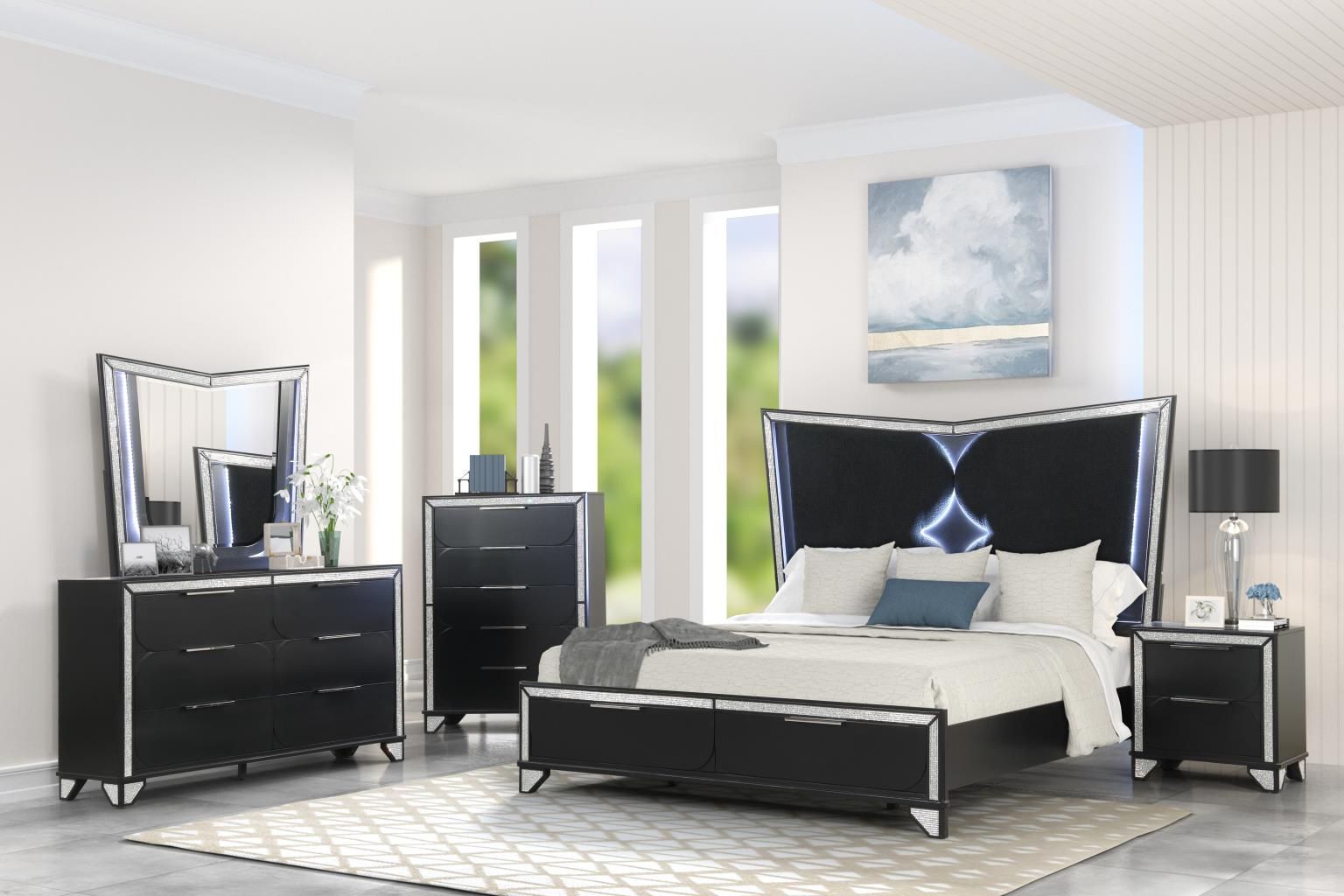 5PC LED Bedroom Set on Sale! Bed, Dresser, Mirror, Chest, Night Stand. $2199 Queen - $2379 King