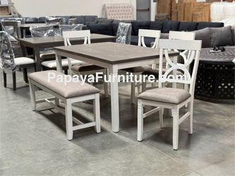 NEW 6 Piece Dining Room Table and Chair Set Bench Grey White Gray Discount Big SALE Kitchen Modern Ashley Style Cottage Solid Warehouse Furniture DEAL