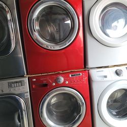 LG Front Load Washer And Stackable Gas Dryer Set In RED