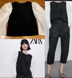Zara blogger favoriCorduroy Black/ white voluminous Balloon sleeves shirt size S