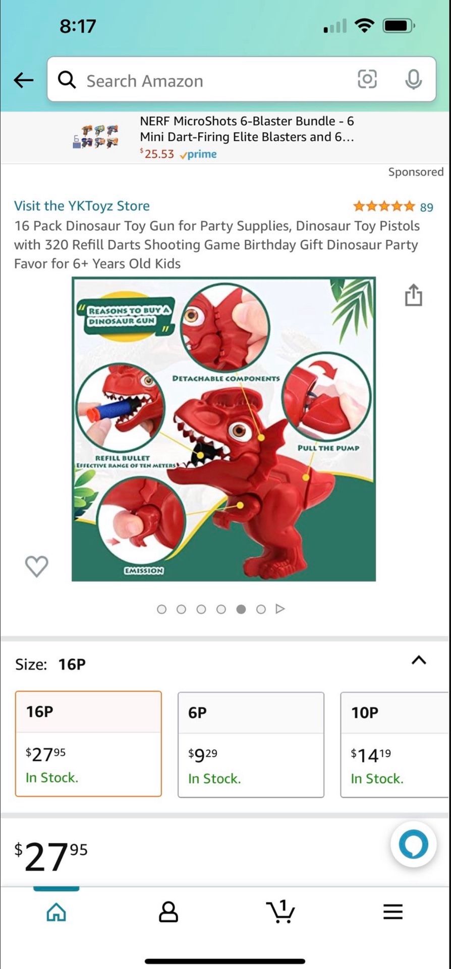 16 Pack Dinosaur Toy Gun for Party Supplies, Dinosaur Toy Pistols with 320 Refill Darts Shooting Game Birthday Gift Dinosaur Party Favor for 6+ Years