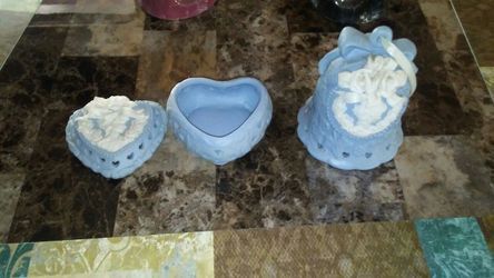 Two beautiful ceramic bells & a jewelry box small heart shape and matching bell.