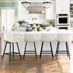 White Set of 4 Modern Bucket Barstool, 24 inch Counter Stool, Barstools with Back and Footrest, Faux Leather Bar Stools