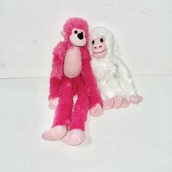(2) Hanging Monkey Plush Stuffed Animal Pink & White