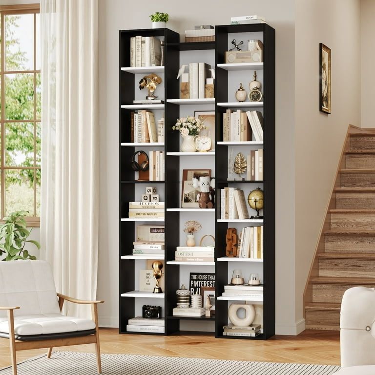 21-Cube Bookcase, 71’’ Tall Wooden Bookshelves with Adjustable Shelves, Triple Wide CD Display Storage Organizer Shelf for Home Office, Black+White