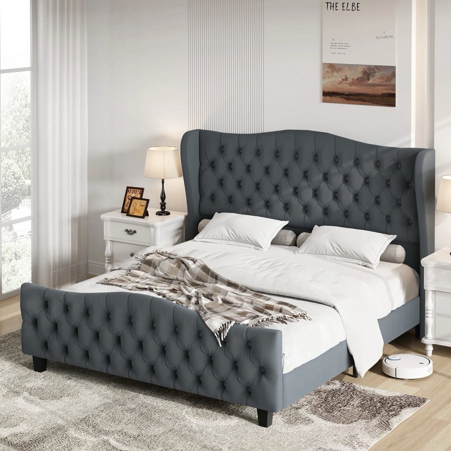 Queen 54.3” Tall Modern Velvet Upholstered Platform Bed Frame with Deep Button Wingback Headboard