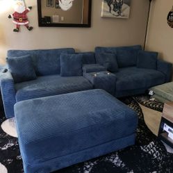 Blue Corduroy Couch With Cup Holders And Storage