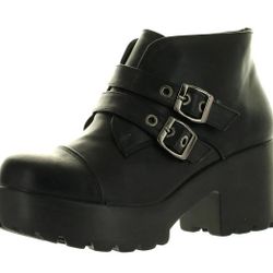 Women Round Toe Buckle Strap Side Zip Platform Chunky Ankle Booties, Black NEW