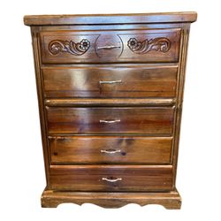 Vintage Solid Pine 5-Drawer Chest Dresser Carved Floral Accent 37”