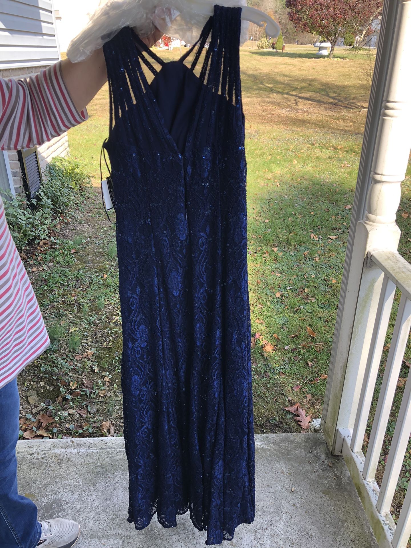 Size 8, Navy Blue, Floor Length Lace Gown