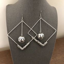 Silver Plated Large Diamond Shaped Dangle Earrings 