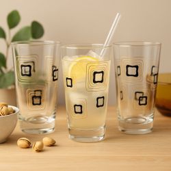 Vintage 1960s 3 MCM Highball Atomic Mod Glasses Gold Black Geometric, 3x5.5”