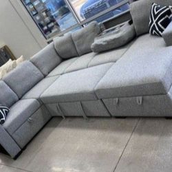 ✅️✅️4 pc Grey boucle fabric sectional sofa with storage chaise and love seat and pop up sleep area in center drop down tray tables✅️✅️✅️