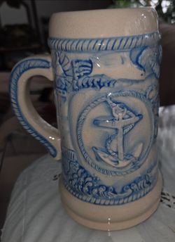 Vintage WCL nautical ceramic stein mug, 7" tall, 4.5" diameter. Anchor lighthouse design, no chips no cracks. Pick‑up only. Sold as‑is.