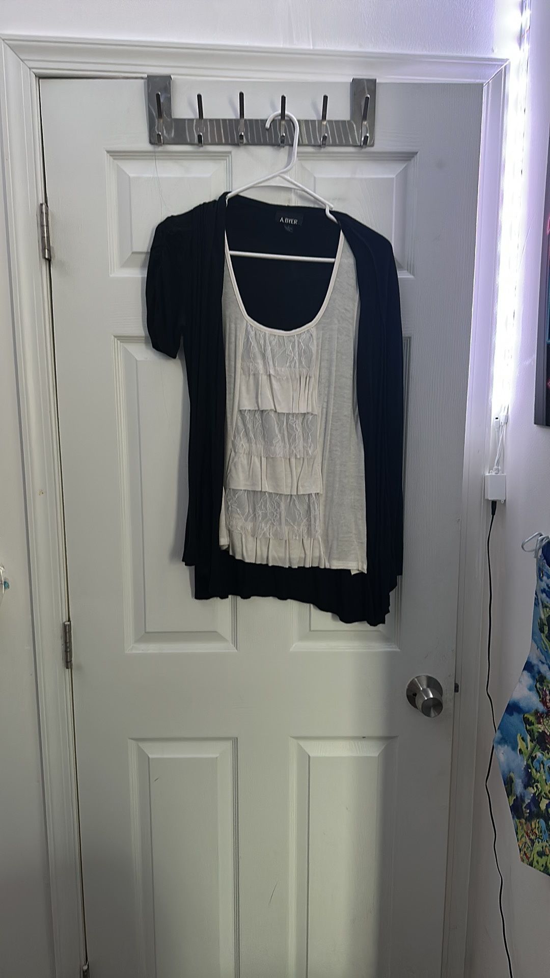 Byer California Faux Two-Piece Black Cardigan Top – Built-In White Tank Layer