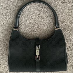 Authentic Gucci Jackie Black Leather And Black GG Canvas Handbag 