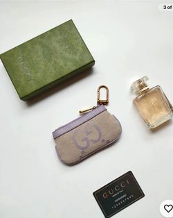 Gucci GG Logo Zipper Key Chain Pouch w/ Clasp Hook Beige Purple Gold