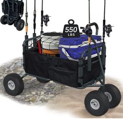 GDLF Fishing Cart Beach Carts Heavy Duty Foldable Collapsible Wagon with Big Wheels and Rod Holders 550 Pound Capacity 53.9"x26.4"x38.8" 