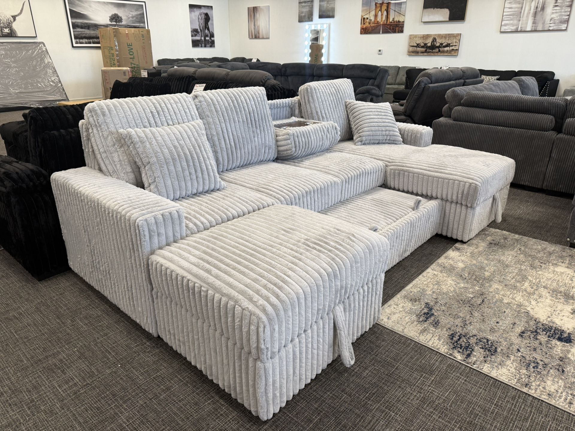 🛋️ Light Gray Corduroy Sectional w/ Sleeper & Storage – Only $999!