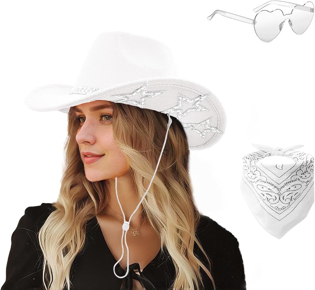 NWOT Cowboy Hat with 6 Sequins Stars & Tiara Belt With Sunglasses Bandanas