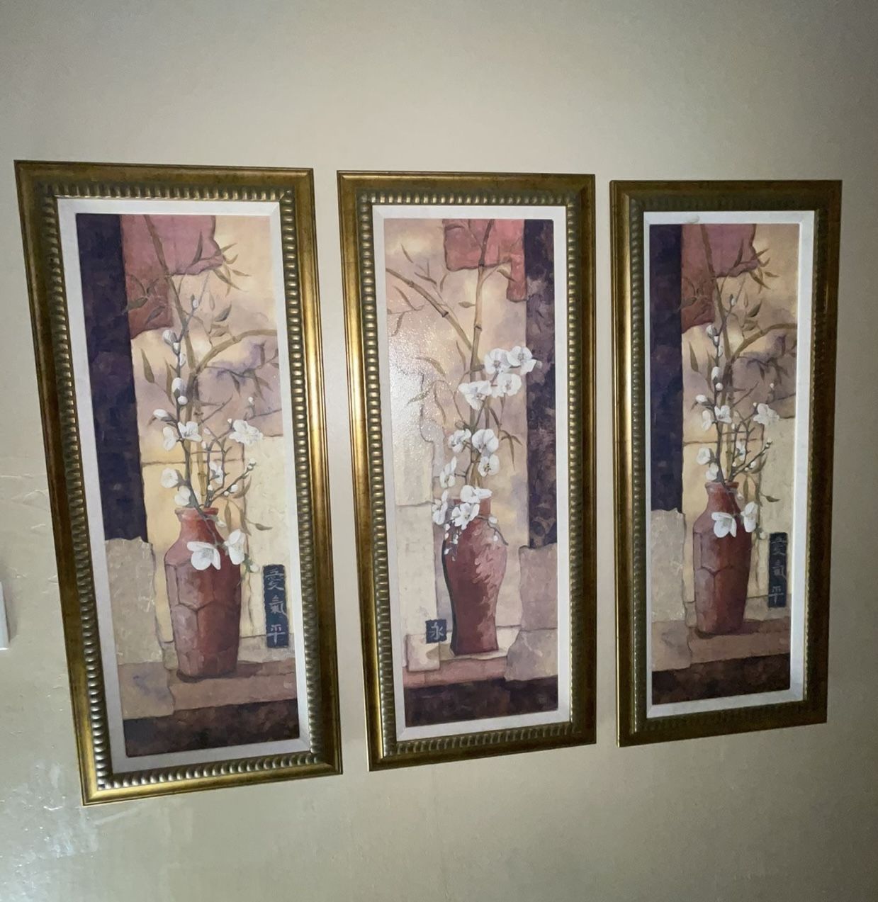 Gold Frame Japanese Flower Vases Paintings.